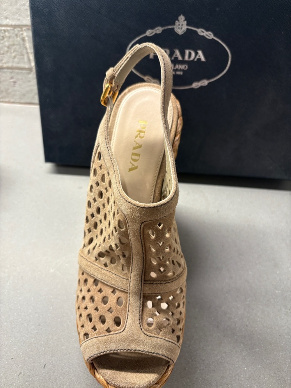 Prada Tan Suede Laser-Cut Wedge Sandals - Picture 2 of 6